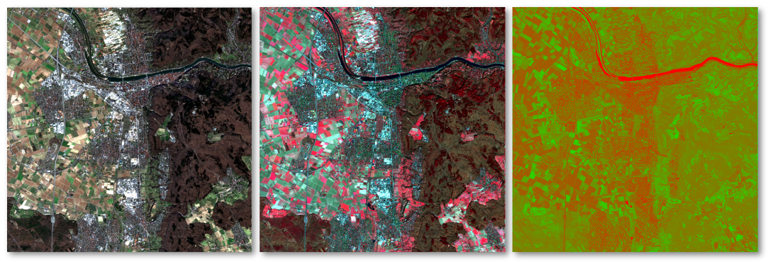 Sentinel-2 Aufnahme (Echtfarbe, Falschfarbe & NDVI) von Heidelberg